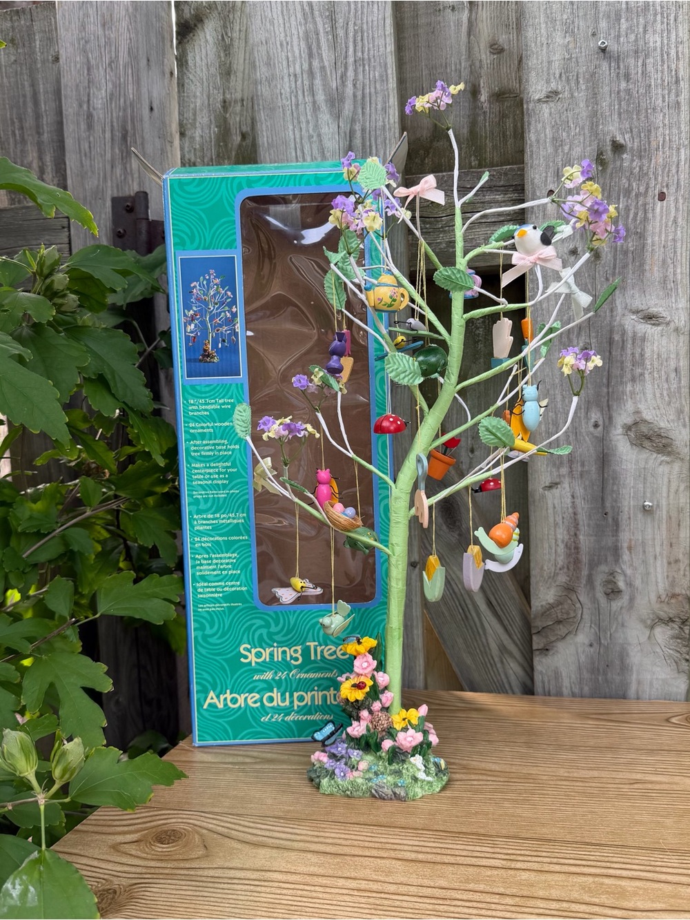 Spring Tree 18” Seasonal Decoration 24 Mini Wooden Ornaments Bendable Branches